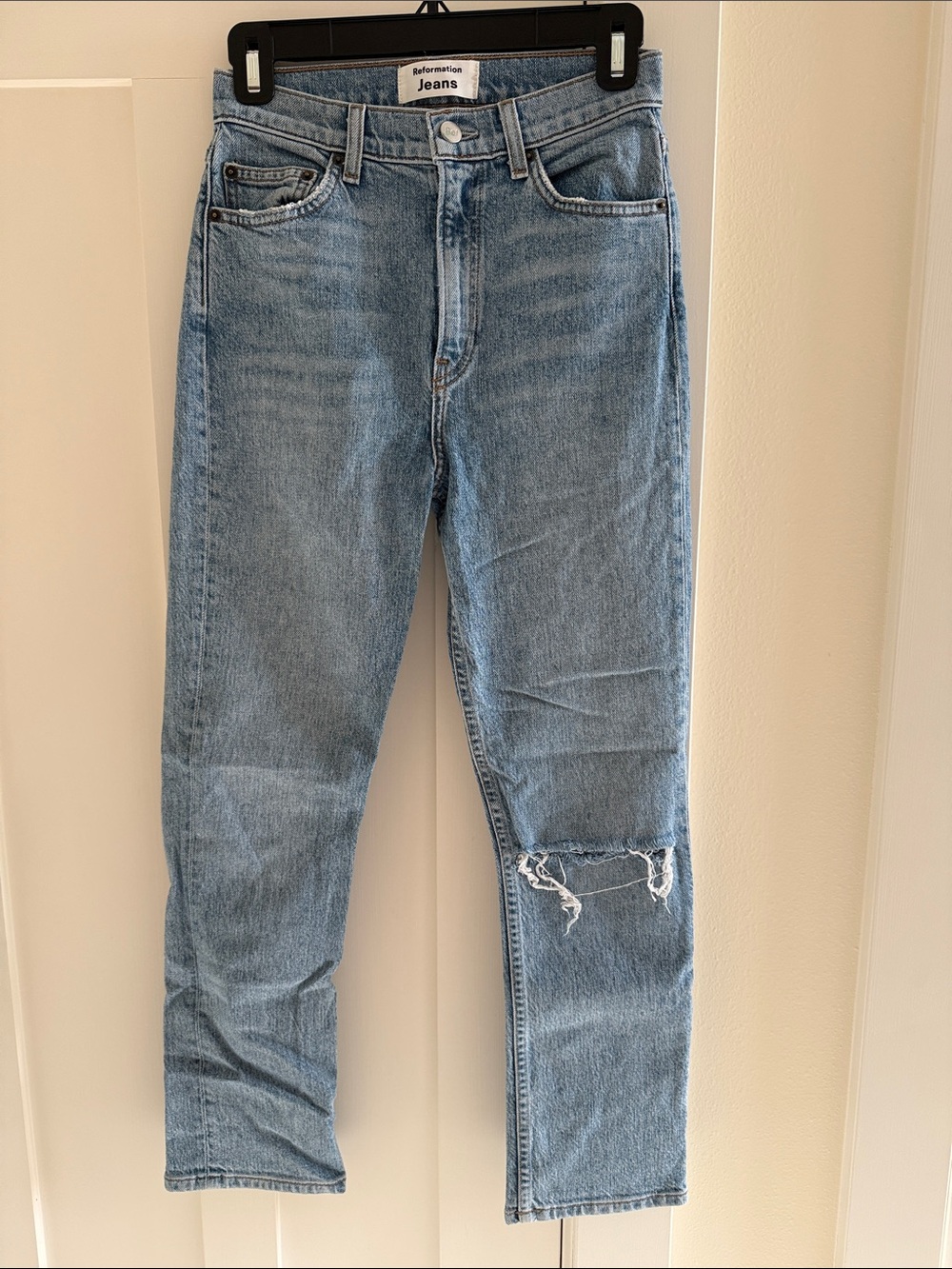 Reformation Liza High Light Blue Straight Crop Women’s Jeans with Knee Distress